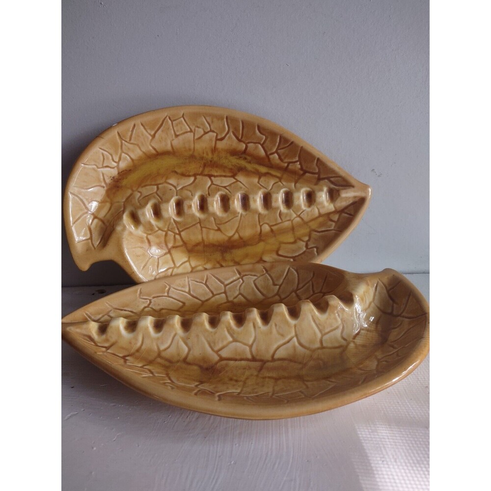 Vintage Orange Glazed Ceramic Ashtray Leaf Shape Set Of 2